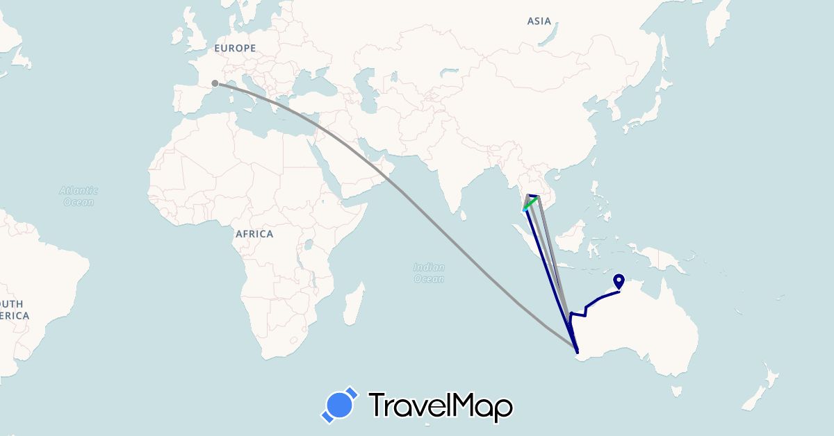 TravelMap itinerary: driving, bus, plane, train, boat in Australia, France, Cambodia, Thailand (Asia, Europe, Oceania)
